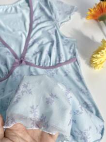 Zolique Vestido casual com estampa floral e decote em V e blocos de cores - Azul - Ver 2