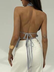 Aloruh 条纹深垂领露背系带时尚性感别致女式衬衫 - 黑與白 - 查看 2