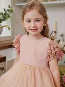 SHEIN Vestido elegante de color rosa con manga acampanada de encaje y malla, para niñas jóvenes