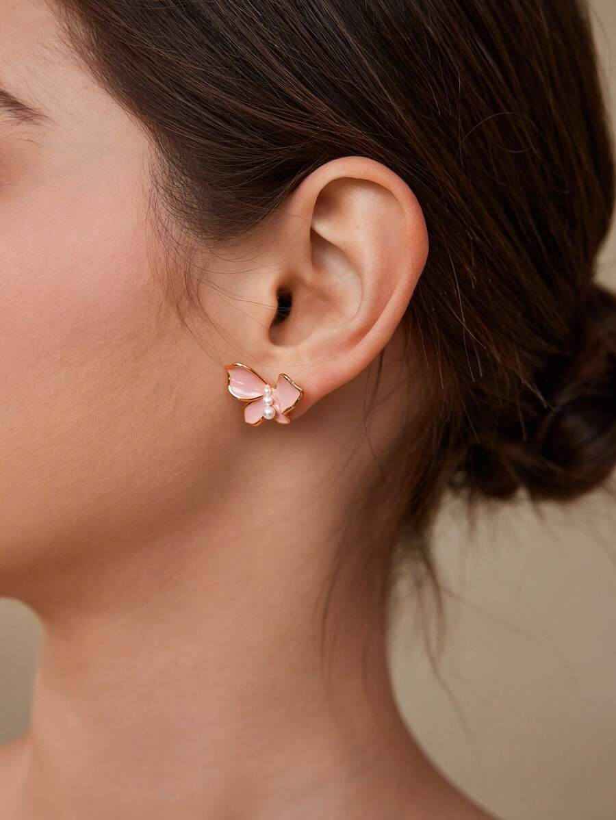 PREMIUM HOA TAI HÌNH BƯỚM MẠ VÀNG 18K BẰNG ĐỒNG MEN - Hồng - Xem 1