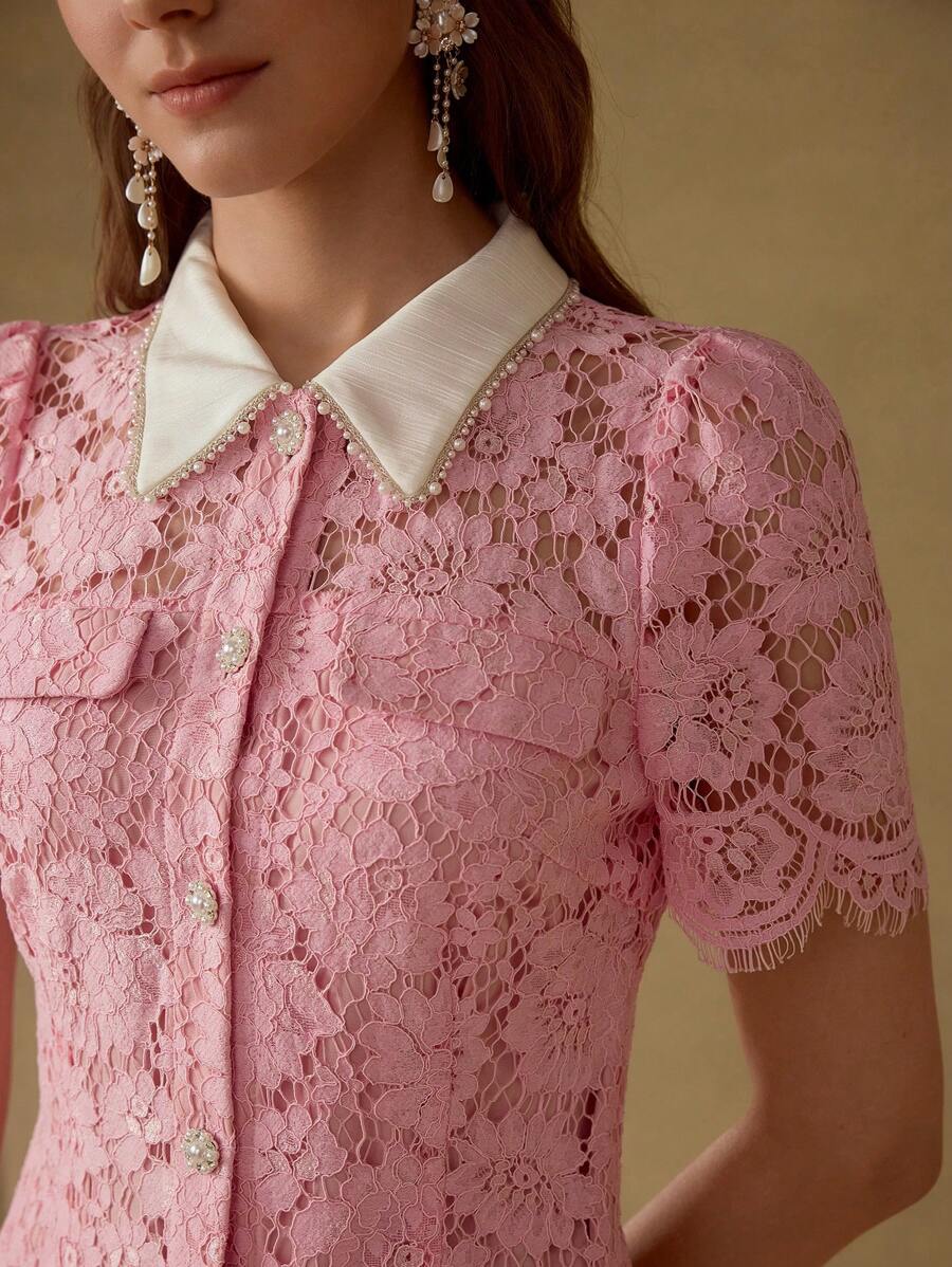 MOTF PREMIUM ELEGANT ROMANTIC LACE CONTRAST COLLAR PEARL DECOR MOCK POCKET SHORT DRESS - Pink - View 2