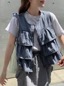 FRIFUL 女士纯色拉链分层无袖休闲牛仔背心女装女士夏季套装夏季服装女士夏季衬衫女士服装 Y2k - 藍色 - 查看 1