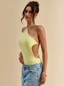 SHEIN BAE Bộ đồ liền thân hở lưng trang trí khóa kim loại mùa xuân cho nữ - Màu vàng - Xem 5