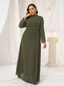 Coutiva Plus Size Luxury Evening Gown, Ball Gown Dress With Sequin Pearl Trim, High-End Elegant Lady Dress - Army Green - View 6