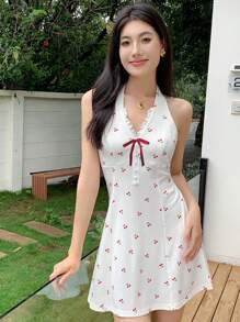 Celisse Summer Casual Cherry Print Halter V-Neck Waist-Tie Short Dress - White - View 1