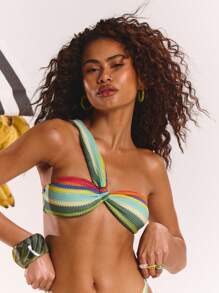 MUSERA Asymmetrical Neck Textured Stripe Bandeau Bikini Top Spring, Summer, Ibiza, Holiday, Cute, Festival, Vacation Beachwear, Beach, Boho