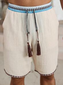 Manfinity RSRT 男士休闲日常沙滩度假装，经典波西米亚风休闲短裤，采用仿亚麻纹理面料和图案织带制成，配有抽绳腰带，非常适合夏威夷海滩度假、音乐节和日常穿着。