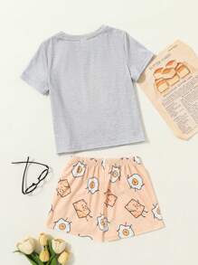 SHEIN 2 piezas Conjunto de pijama holgado de punto con camiseta de manga corta cuello redondo y pantalones cortos con estampado de dibujos lindos para niña, ropa de verano para el hogar