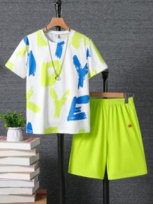 SHEIN Tween Boys 2pcs/Set Letter Print Short Sleeve T-Shirt & Solid Shorts Summer Outfit
