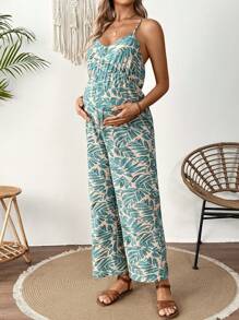 SHEIN Tropical Plant Print Jumpsuit For Pregnant Women, Vacation Wear - Green - View 4