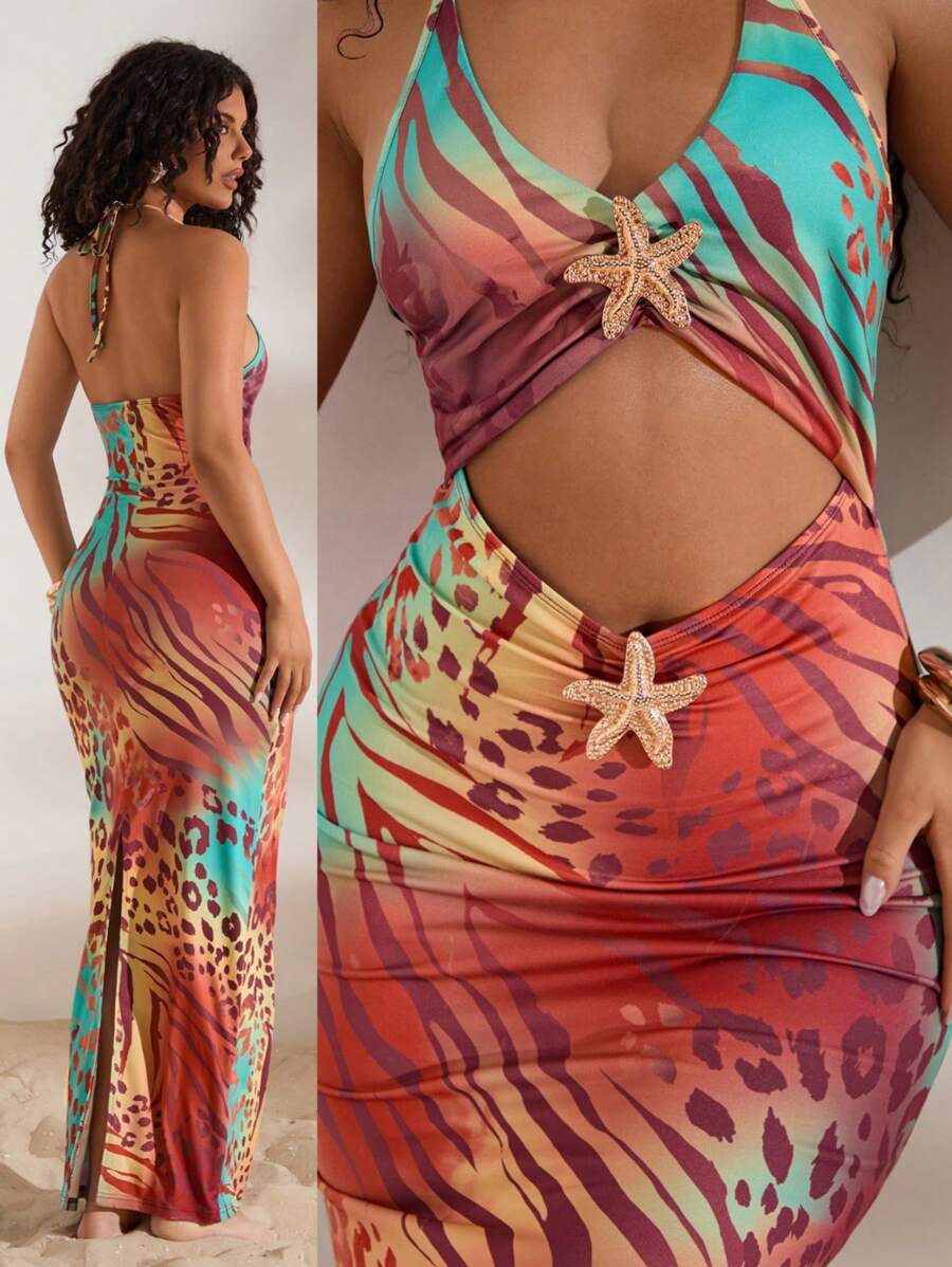 Opulessa Robe moulante en tricot pour soirée avec décolleté en V, encolure ras-du-cou, décoration métallique sur la poitrine, ceinture et dos découpé fendu. Robe sexy pour femmes, parfaite pour une soirée ou une fête à la plage. - Multicolore - Voir 1