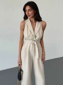 Aloruh 全新优雅简约纯色棕色性感深 V 腰带装饰连体裤，宽腿办公室通勤时尚服装 - 駝色 - 查看 6