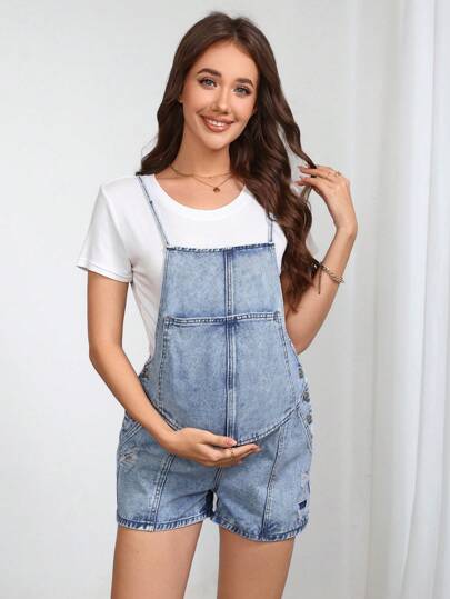 SHEIN Mono de mezclilla sin mangas de unicolor informal para mujeres embarazadas, para verano