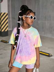 SHEIN Tween Girl Casual Street Style Tie-Dye Print Round Neck Loose T-Shirt And Skinny Leggings 2-Piece Set, Sibling Matching Outfits (Sold Separately) - Pink - View 5