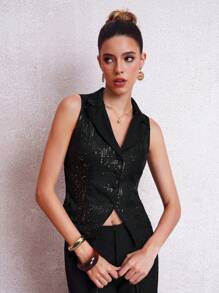 Lavishia Women's Sleeveless Black Suit Collar Fitted Sequin Party Top, Elegant For Autumn/Winter Sequin Top Spring Clothes Party Tank Top Summer Mardi Gras Going Out Tops Women Tank Top