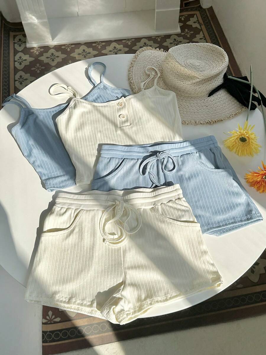 Zolique Women Ribbed Strap Camisole Tank Top And Drawstring Shorts 2-Piece Set,Casual Summer Outfits For Women,Blue Beach Holiday Vacation Two Pieces Set - Multicolor - View 1