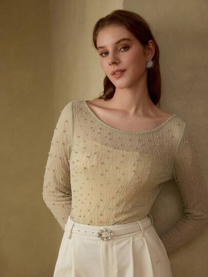 FAUX PEARL DETAIL SHEER COVER UP TOP