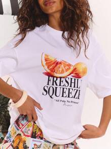 MUSERA Oversized Fruit Graphic Slogan T-Shirt Spring, Summer, Ibiza, Holiday, Cute, Festival, Vacation Beachwear, Beach, Boho Graphic Tees Baggy Oversized Cute Summer Tops Airport Holiday Airport Holiday Graphic Tees Oversized