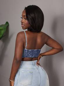 Slaydiva Women's Sexy Form-Fitting Strappy Denim Crop Top, Blue Beach For Woman Summer Top Crop Tops Women Beach Vacation Y2k Tube Tops Women Halter Top Petite In Woman Women Tops Summer Tops Women Club Women Sexy Concert Women - Light Wash - View 2