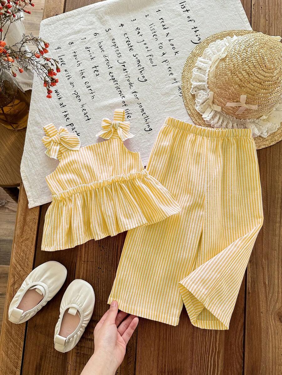 SHEIN LMoss Kids Babygirl 2pcs/Set Summer Cute Yellow Striped Camisole Top & Elastic Waist Long Pants Set
