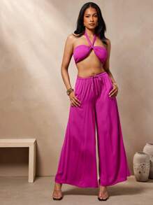 Vixey 纯色编织露背吊带背心，沙滩装，海滩度假装，可爱夏日上衣 - 紫色 - 查看 3