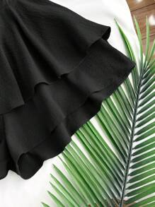 SHEIN Teen Girls' Textured Chiffon Layered Ruffled Waist Tie Cami Overall Jumpsuit Romper, Black, Casual, Holiday, Spring/Summer - Black - View 4