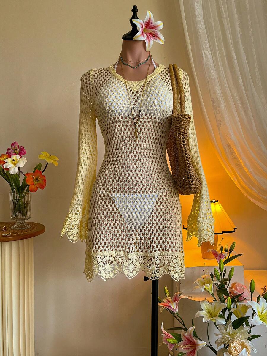 SHEIN MOD V领喇叭袖蕾丝花边露背钩针沙滩装罩衫 - 杏色 - 查看 1