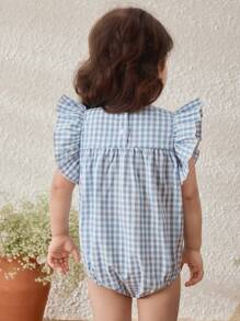 Blossori Baby Girls' Country Style Blue Plaid Ruffle Sleeve Bodysuit - Blue and White - View 2