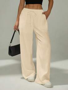 SHEIN PETITE 女式纯色打结口袋休闲假日裤 - 米色 - 查看 8