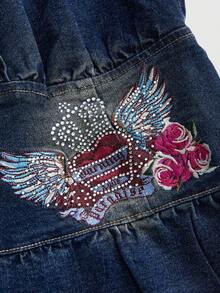 ROMWE Vintage Streetwear Y2k Sexy Heart Vine Crown Wing Rose Print Rhinestone Distressed Washed Denim Spaghetti Strap Cami Top For Women Dark Blue - Blue - View 2