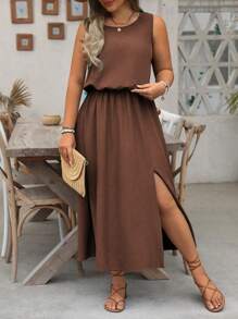 SHEIN LUNE Plus Size Sleeveless Round Neck Solid Color Casual Commuter Dress, Waist Cinched, Slit Hem, Suitable For Women - Brown - View 6