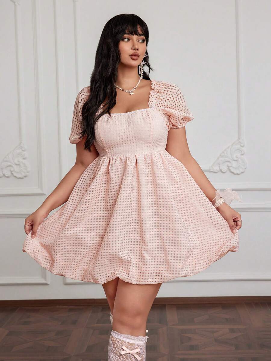 Flirla 大码优雅可爱粉色甜美方领短袖连衣裙 - 粉色 - 查看 1