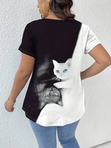 SHEIN LUNE Damen Große Größen V-Ausschnitt Kontrastfarben Katze Muster Sommer Kurzarm T-Shirt