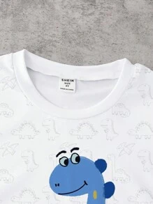 1 pièce Ensemble t-shirt à manches courtes et shorts pour tout-petits avec impression mignonne de grand dinosaure et ligne de dinosaure. Tenue légère de tous les jours adaptée pour le printemps/l'été