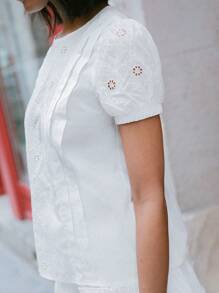 lacRébo Vacation Light Woven White Cotton Blouse With Floral Embroidery Detail And Puff Sleeves All White Top Embroidery Top Autumn Top - White - View 4