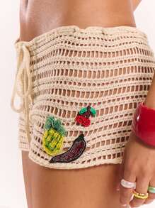 MUSERA Crochet Knit Tie Waist Patch Mini Shorts Spring, Summer, Ibiza, Holiday, Cute, Festival, Vacation Beachwear, Beach, Boho Pimento