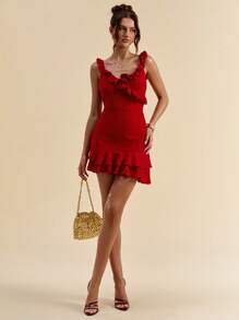 SHEIN BAE Women's Summer Solid Red V-Neck Ruffle Trim Camisole Dress/Summer Dresses For Women/Prom Dress/Graduation Dress/Red Dress