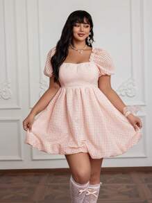 Flirla 大码优雅可爱粉色甜美方领短袖连衣裙 - 粉色 - 查看 2