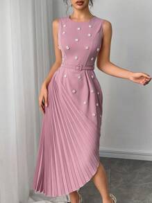 Modelyn Women's Sleeveless Pleated Asymmetrical Hem Dress - Pink - View 1
