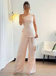 Chiquease 女式春夏法式设计单肩金属扣腰收腰阔腿裤两件套，米色 - 杏色 - 查看 7