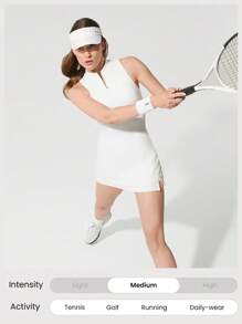 GLOWMODE Quick-Dry Hot Shot High Neck StandUp Collar Zipper Front Built-In Shorts Side Slits Removable Cups Tennis Dress Low Impact Golf Pickleball Daily Casual Wear