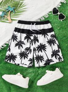 SHEIN 儿童青少年男孩休闲日常百搭舒适椰子树印花宽松梭织沙滩短裤和泳装 - 黑與白 - 查看 4
