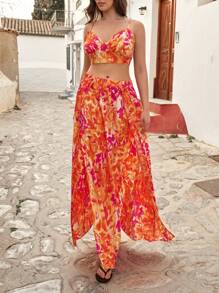 SHEIN VCAY Plus Size Women Floral Print Sleeveless Cami Top And Mini Skirt 2 Pieces Set, Vacation Outfit