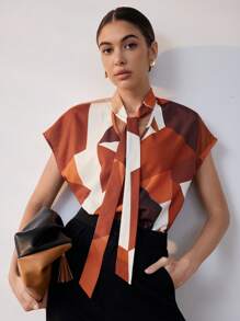 Chiquease 女士优雅休闲印花系带衬衫上衣，舒适的日常通勤穿着 - 橘色 - 查看 8