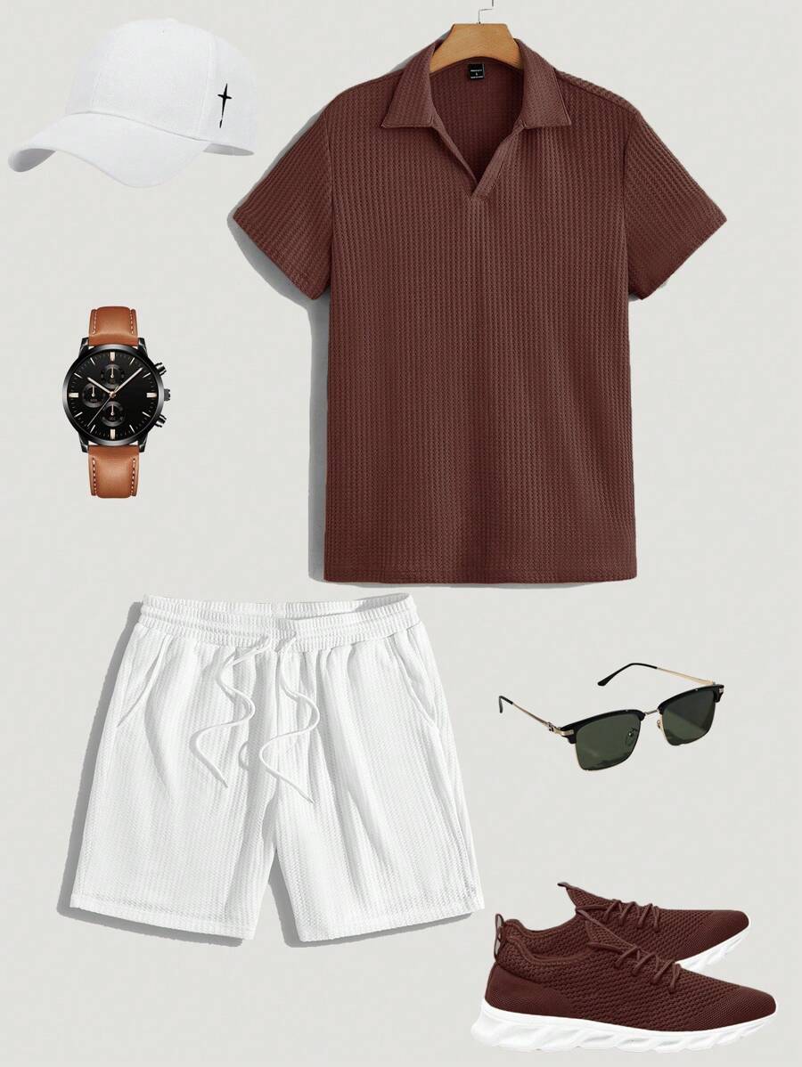 Manfinity RelaxMax Bộ áo thun gân tay ngắn có khóa kéo nửa màu trơn cho nam, mùa hè - màu nâu - Xem 1