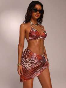 Avantive New Summer Holiday Beach Women Leopard Zebra Print Halter Sexy Bikini Set With Coverup And Skirt - Multicolor - View 7
