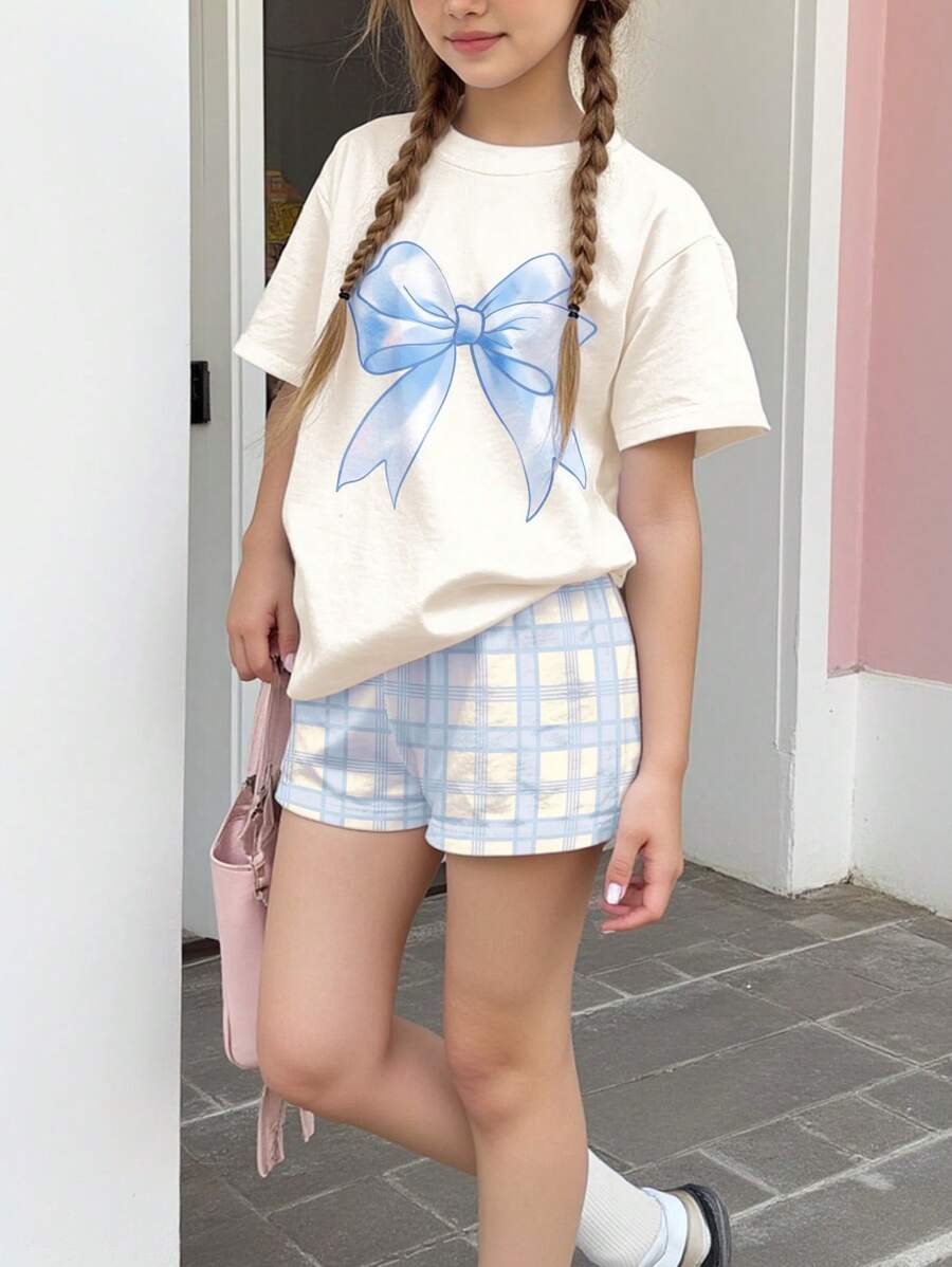 SHEIN 青少年女孩休闲简约短袖短裤套装，适合夏季 - 彩色 - 查看 1