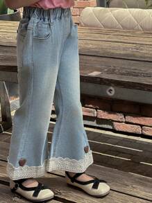 DAZY Jeans acampanados con parches de encaje para niñas, ropa de otoño - Azul - Ver 4
