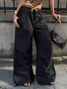 Coolane Quần dù cạp trễ phối màu họa tiết da báo thể thao Y2K dành cho lễ hội mùa hè dành cho phụ nữ - màu đen - Xem 5