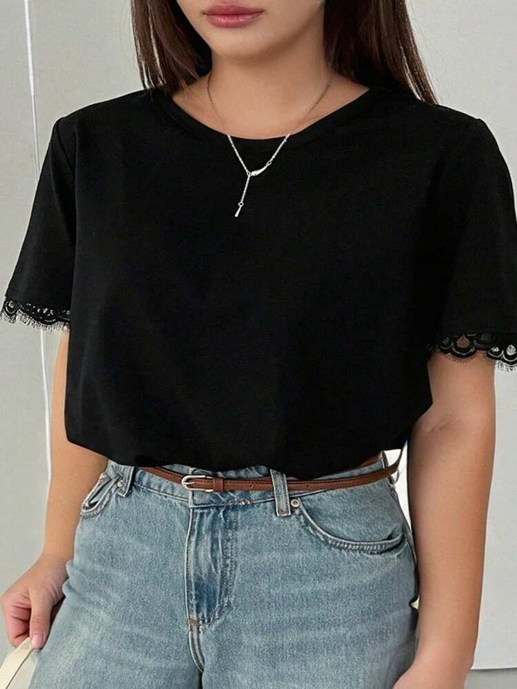 Dazy Plus Plus Size Plain Crew Neck Lace Splice Loose Black Short Sleeve T-Shirt Casual Tops For Women Preppy Tops